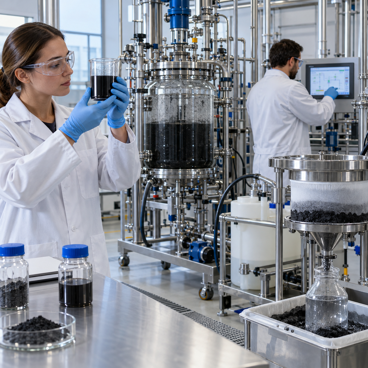 Closed graphene oxide pilot process with nitric acid quality and safety controls