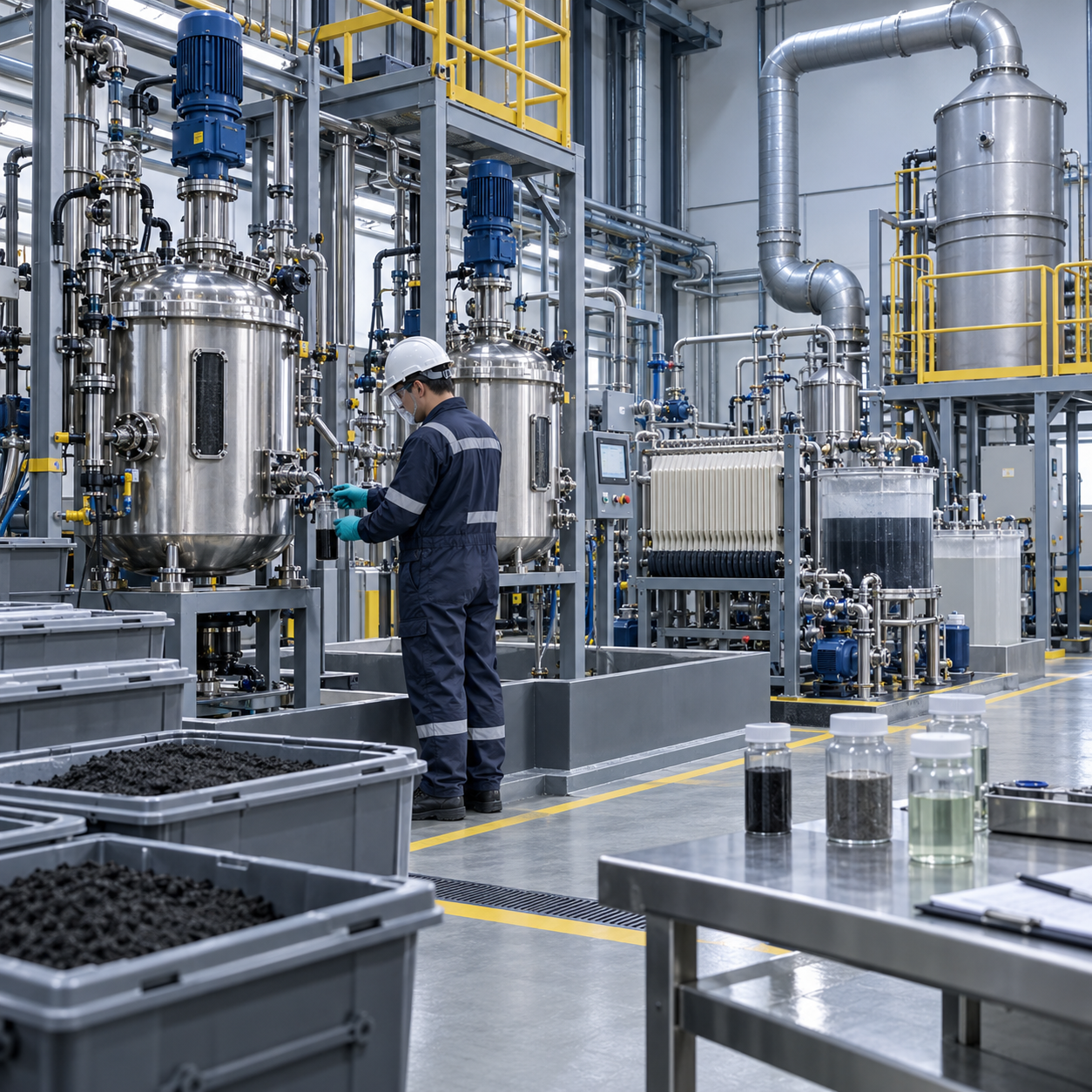 Enclosed lithium ion cathode recycling pilot with nitric acid leach reactors and filtration