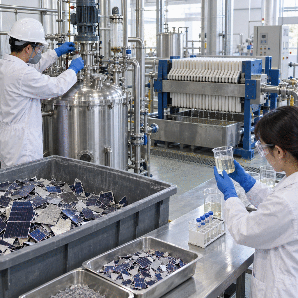 Photovoltaic panel recycling pilot recovering silver with controlled nitric acid leaching