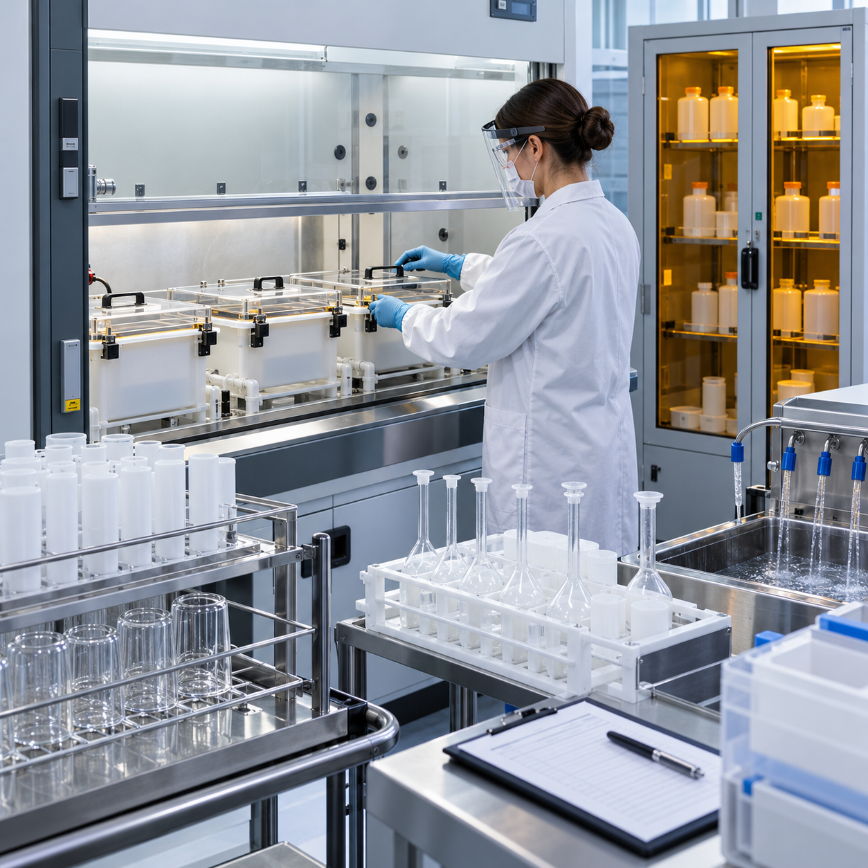 Covered nitric acid cleaning baths and ultrapure water rinse station in a trace metals laboratory