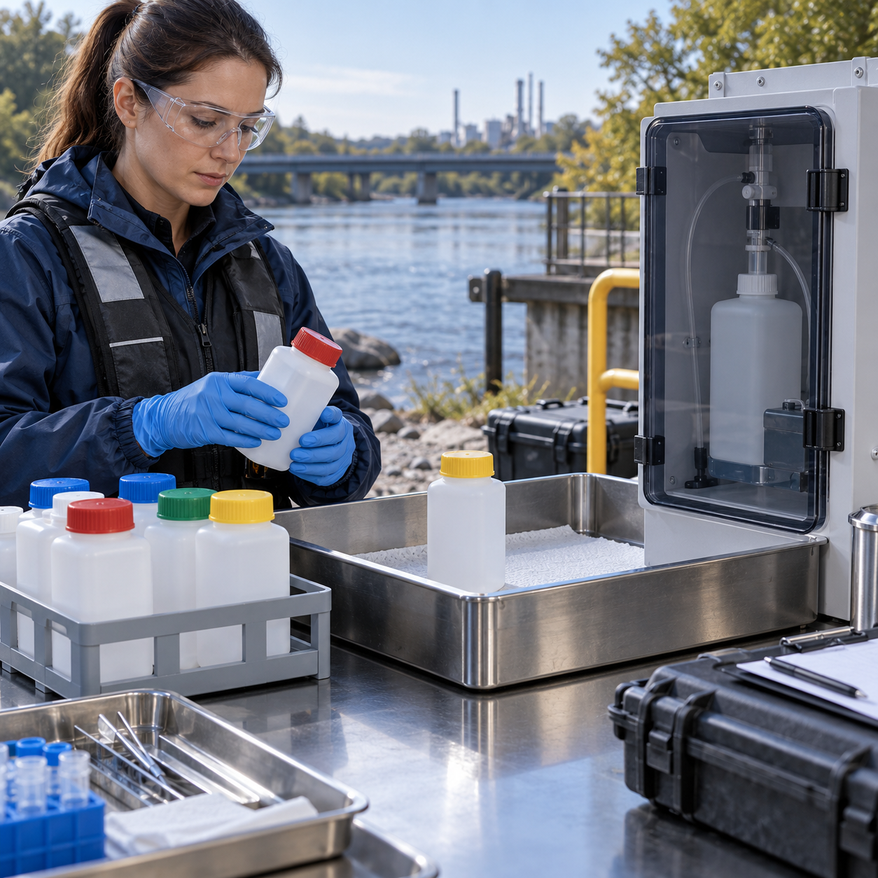 Technician managing sealed water samples at a controlled nitric acid preservation station