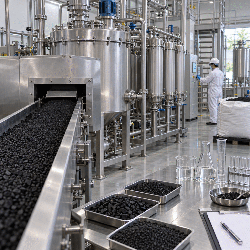 Activated carbon treatment and filtration line using controlled oxalic acid processing