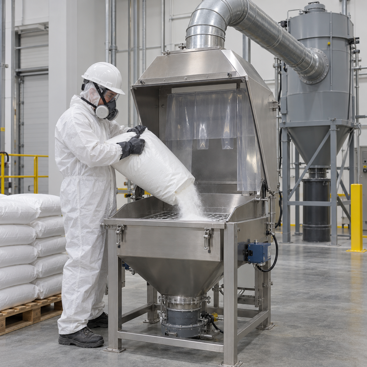 Enclosed oxalic acid bag unloading station with local exhaust and protected operator
