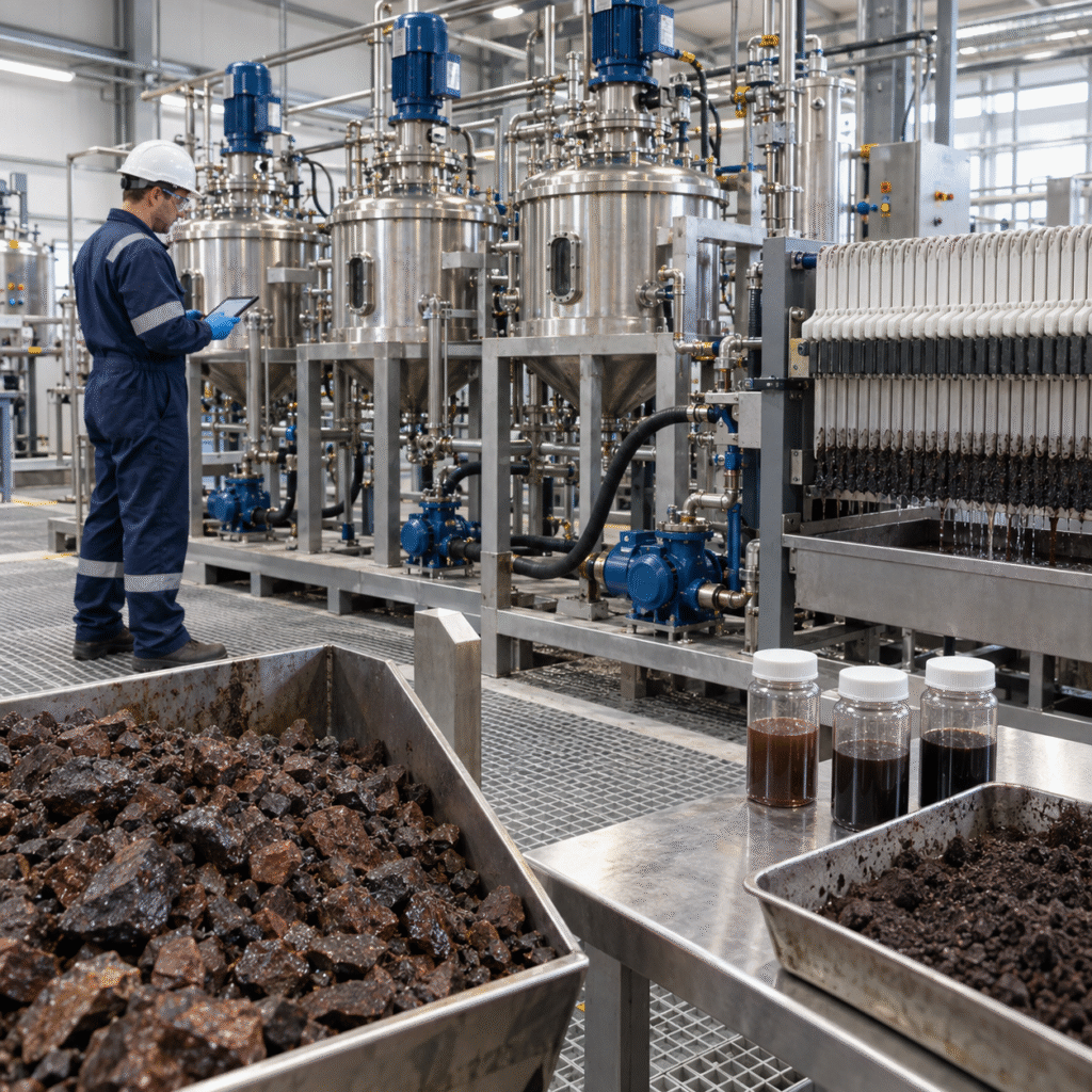 Manganese ore leaching pilot with enclosed oxalic acid reactors and filter press