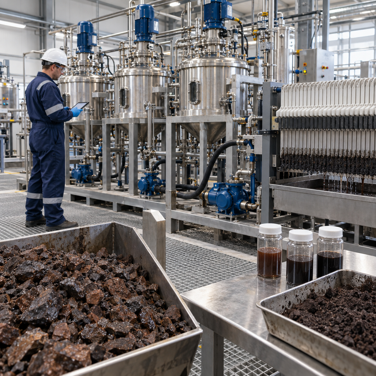 Manganese ore leaching pilot with enclosed oxalic acid reactors and filter press